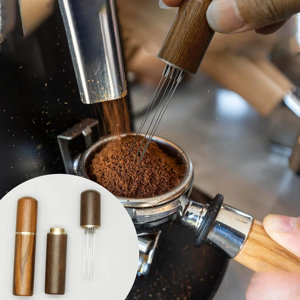 Stirring espresso grounds in a portafilter with a WDT tool